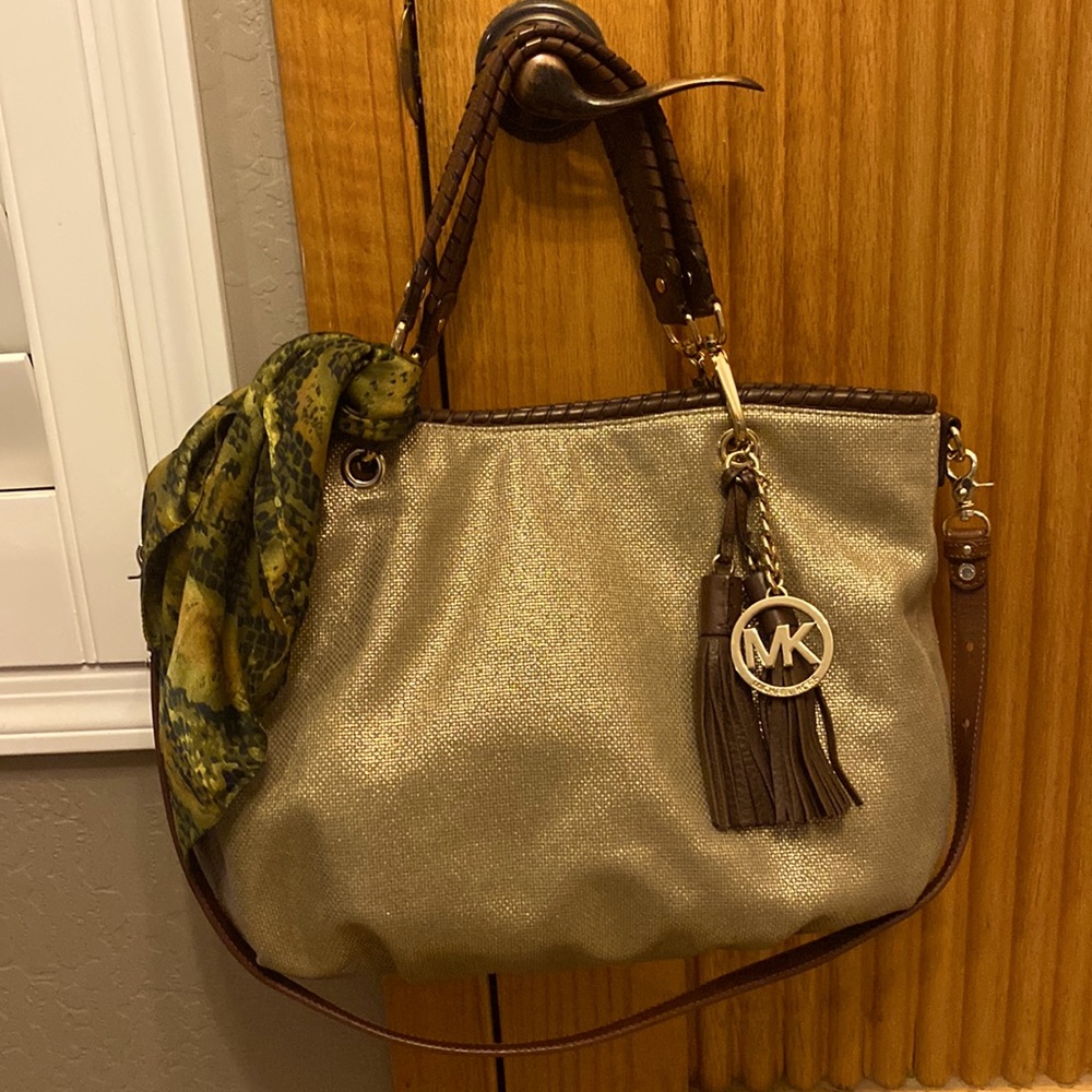 Michael kors metallic gold canvas with leather trim and strap convertible purse